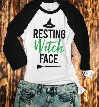 RESTING WITCH FACE Halloween Baseball Tee Green Glitter Print