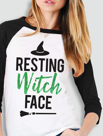 RESTING WITCH FACE Halloween Baseball Tee Green Glitter Print