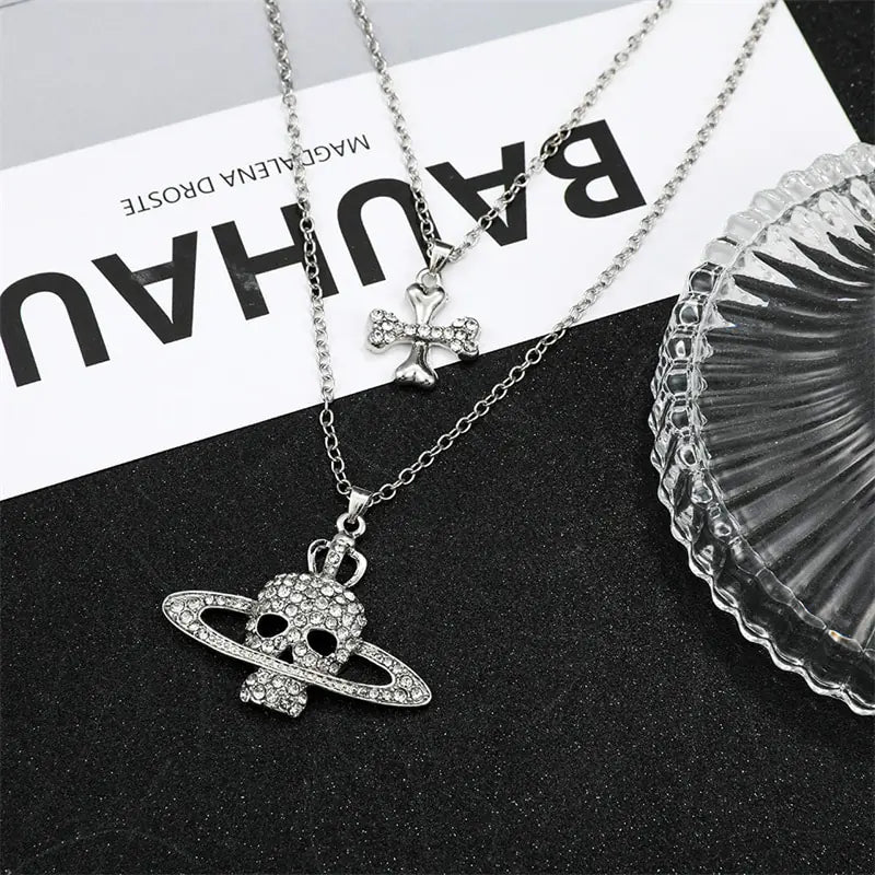 Skull Cross Saturn Necklace